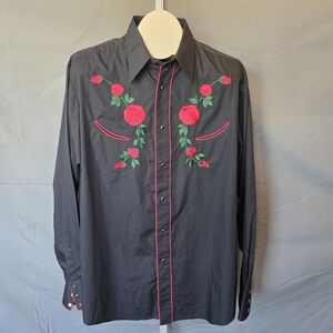 Vintage '90's Men's Roper Embroidered Rose Snap Button Shirt Size L EUC